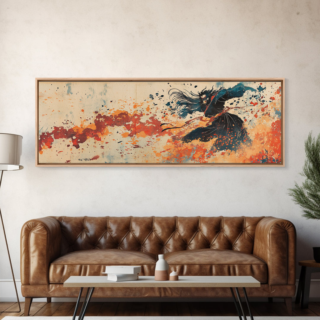 Flowing Black Dancer Abstract Wall Art, Feminine Figure Print, Orange Motion Decor, Contemporary Canvas For Bedroom Or Living Room