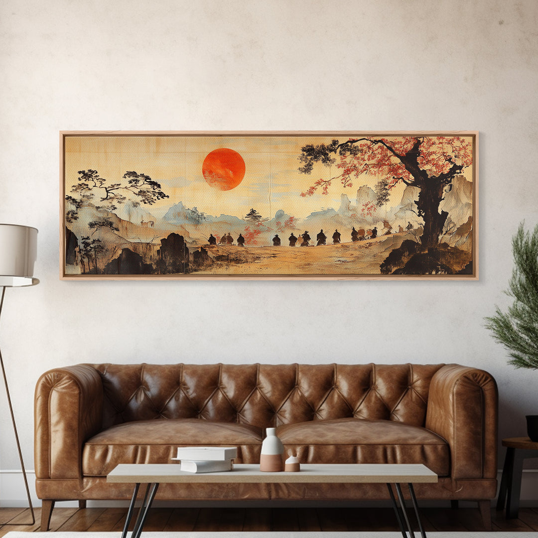 Red Sun Mountain Journey Wall Art, Japanese Landscape Print, Panoramic Canvas, Asian Home Decor, Living Room Decor Gift Idea
