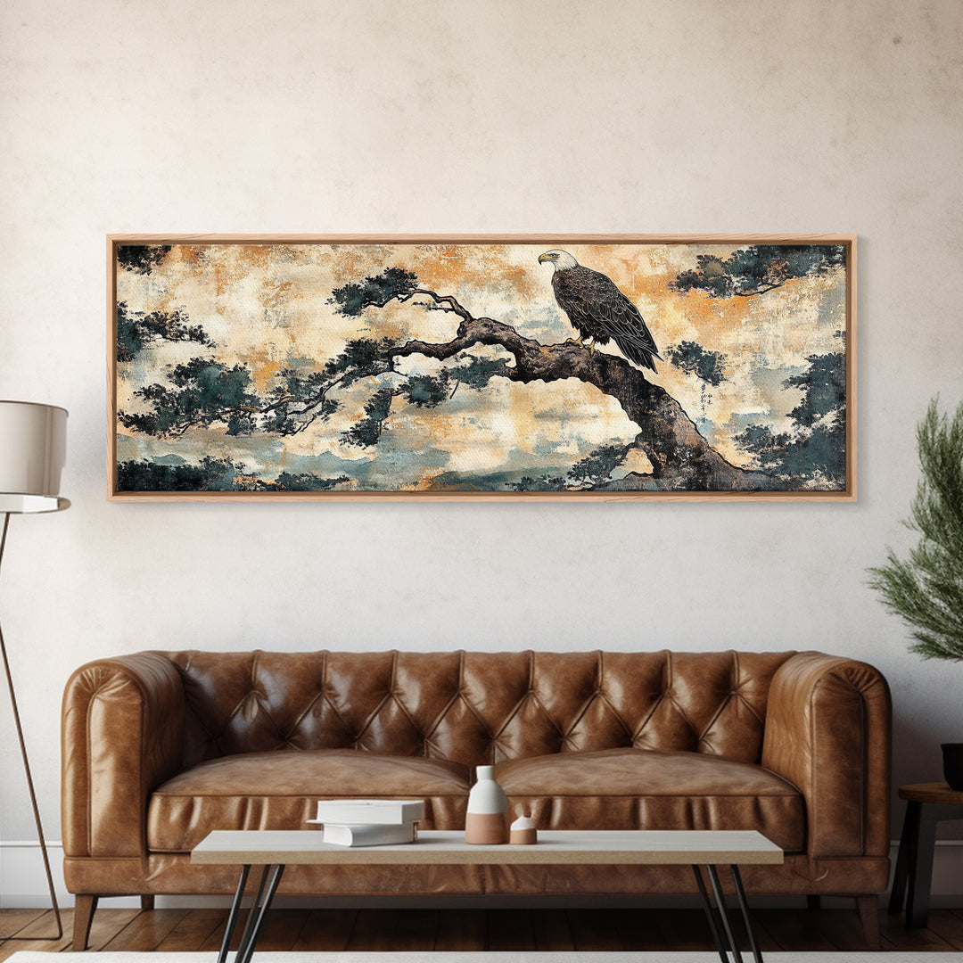 Eagle Pine Branch Wall Art, Japanese Bird Print, Panoramic Wildlife Canvas, Nature Inspired Decor, Office Living Room Art