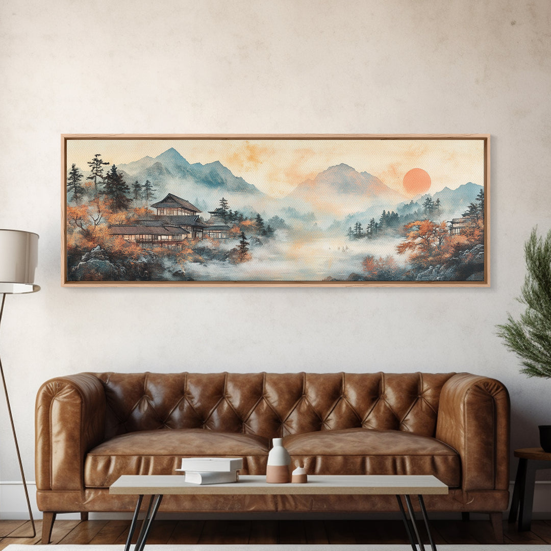 Misty Mountain Temple Framed Canvas Print, Japanese Landscape Art, Zen Lake Wall Decor, Panoramic Living Room Decor Gift