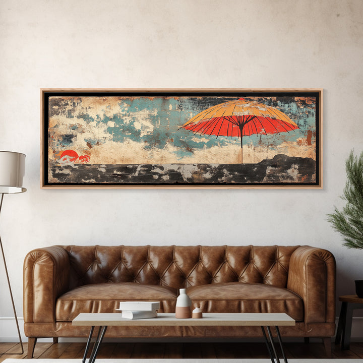 Red Umbrella Seascape Wall Art, Japanese Coastal Print, Minimalist Canvas, Beach House Decor, Asian Living Room Decor Gift
