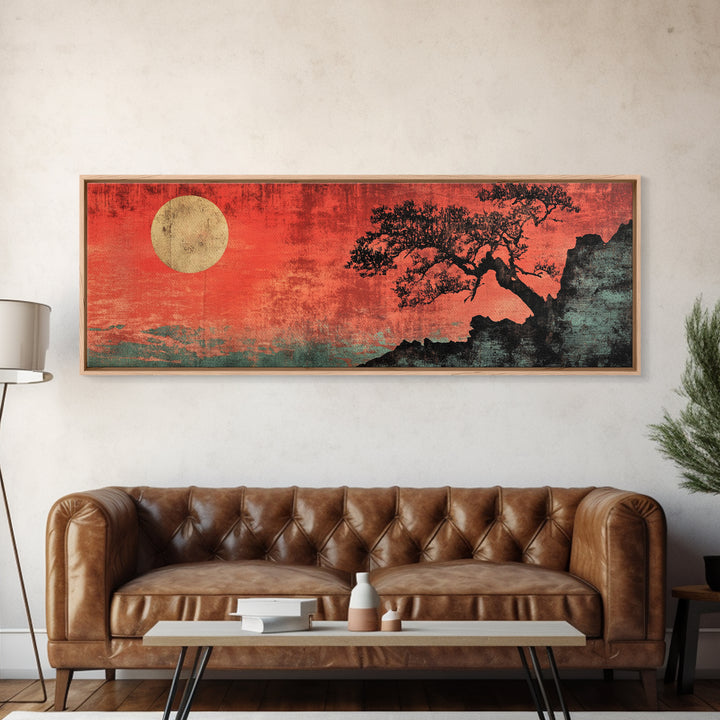 Red Moon Bonsai Silhouette Framed Canvas Print, Japanese Zen Landscape, Moody Wall Art, Asian Decor For Living Room Decor