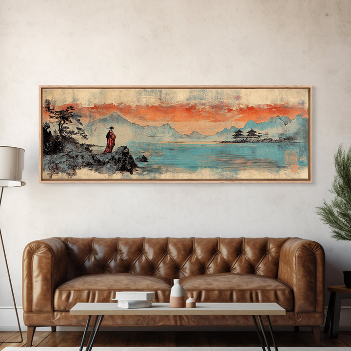 Geisha By Lake Wall Art, Japanese Sunset Landscape Print, Pagoda Canvas, Asian Home Decor, Panoramic Living Room Art Gift