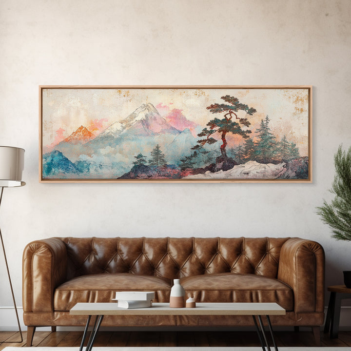 Snowy Mount Fuji Pine Canvas Print, Japanese Mountain Landscape, Winter Wall Art, Zen Nature Decor, Above Sofa Wall Decor