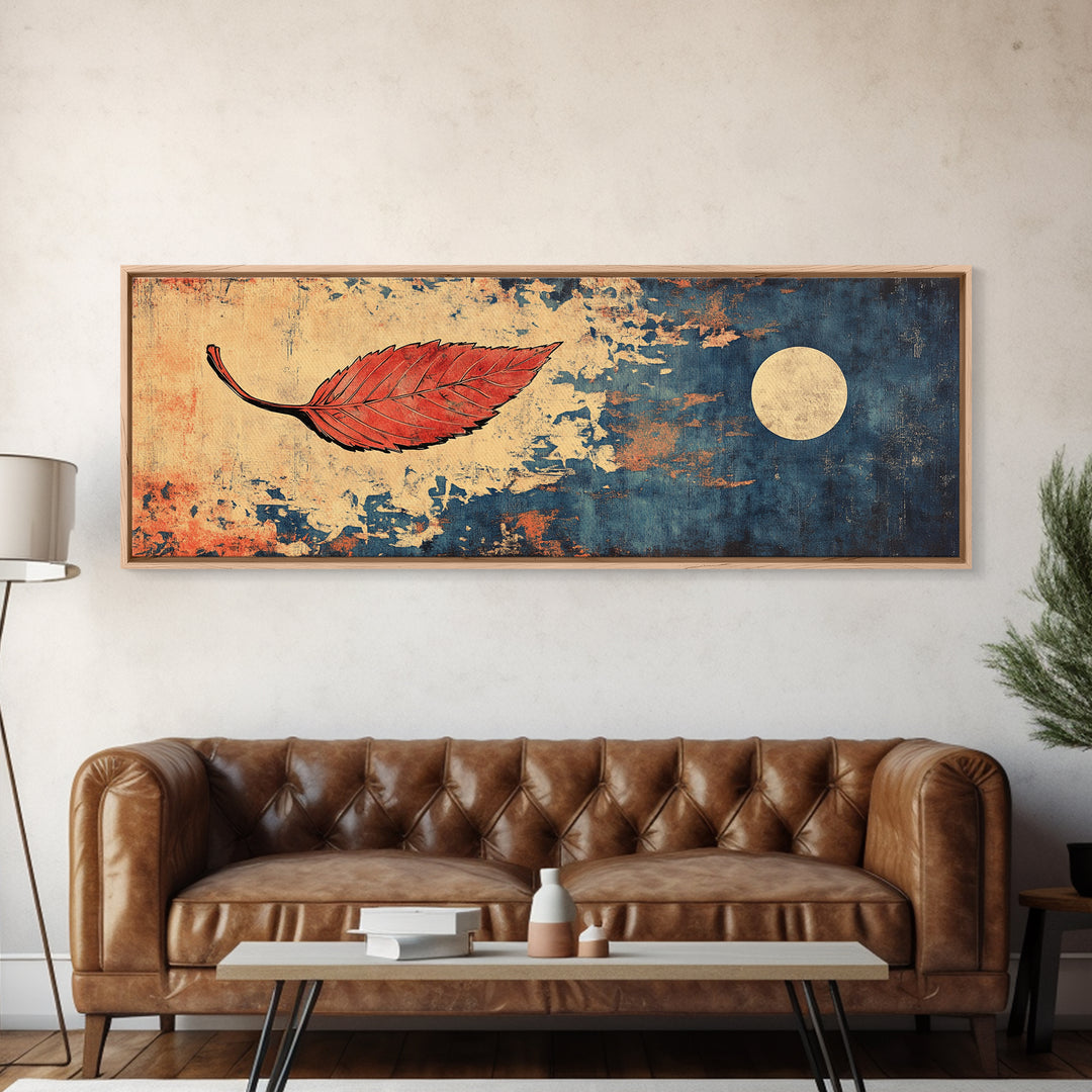 Red Autumn Leaf Wall Art, Japanese Minimalist Print, Navy Blue Canvas, Nature Inspired Decor, Modern Asian Home Decor Gift