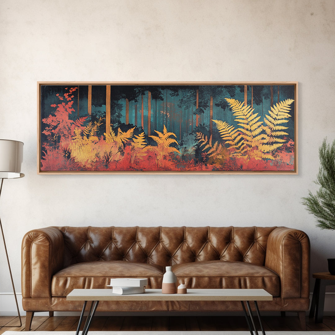 Golden Fern Forest Framed Canvas Print, Japanese Botanical Wall Art, Moody Nature Decor, Panoramic Living Room Artwork Gift