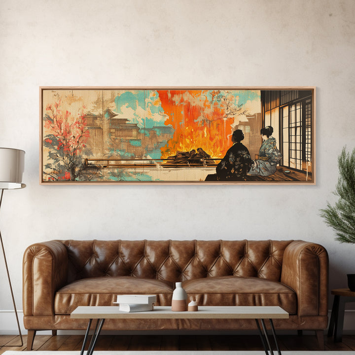 Japanese Tea House Fire Garden Wall Art, Cherry Blossom Pagoda Canvas, Japandi Decor, Asian Landscape, Living Room Art Print