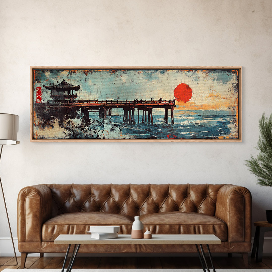 Japanese Pier Red Sun Wall Art, Ocean Waves Canvas Print, Asian Coastal Decor, Pagoda Seascape, Living Room Wall Art Print