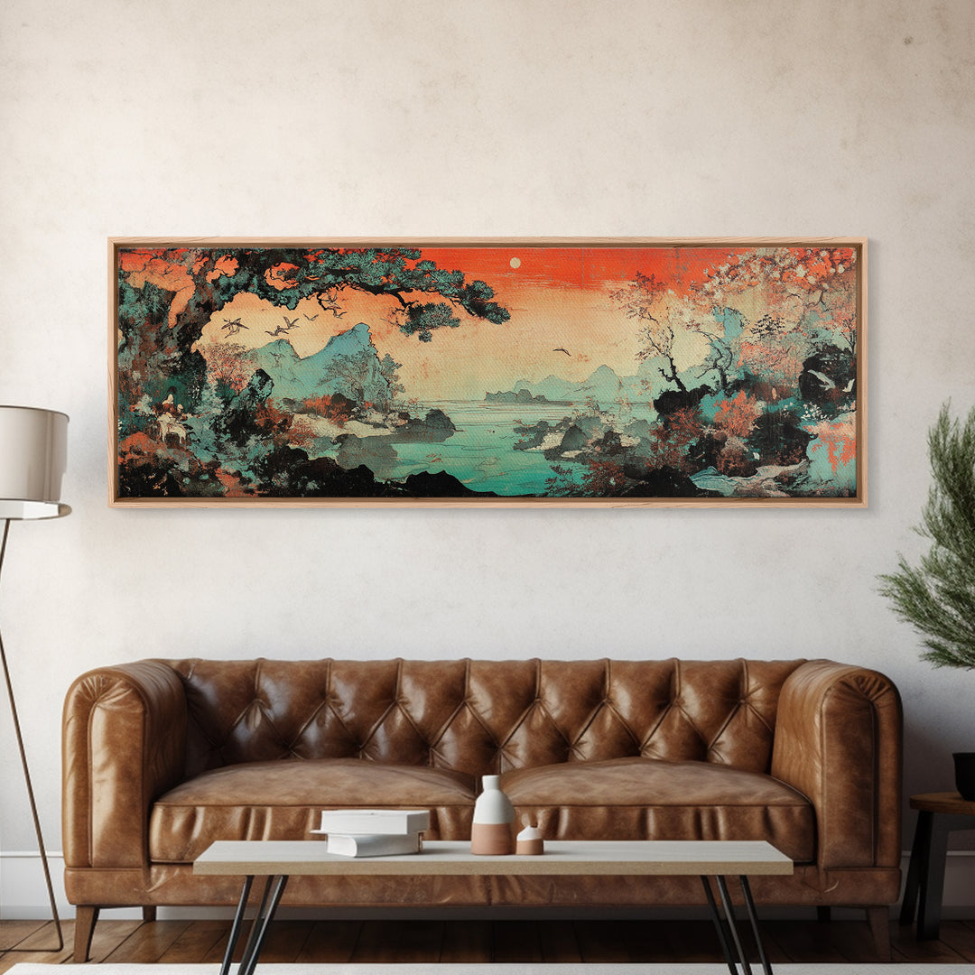 Misty Asian Lake Mountains Wall Art, Red Sunset Landscape Canvas Print, Japandi Decor, Nature Wall Art, Above Bed Decor Print