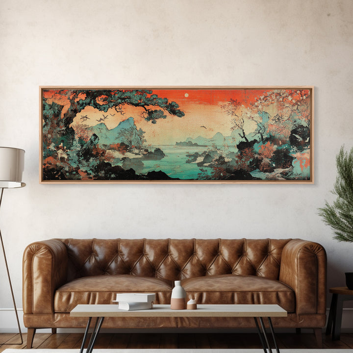 Misty Asian Lake Mountains Wall Art, Red Sunset Landscape Canvas Print, Japandi Decor, Nature Wall Art, Above Bed Decor Print