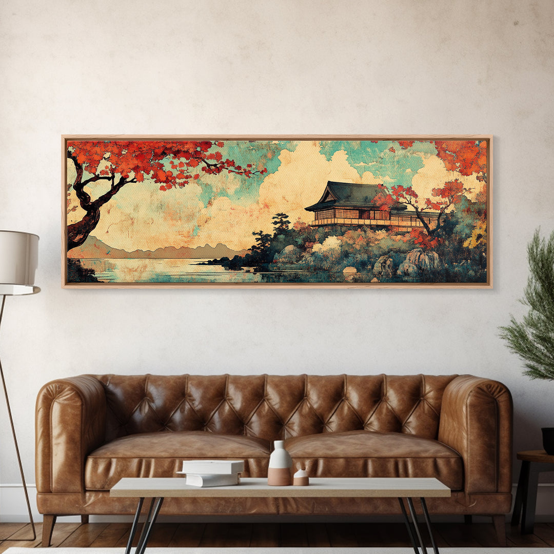 Japanese Temple Red Maple Wall Art, Mount Fuji Lake Canvas Print, Japandi Decor, Asian Landscape, Living Room Wall Art Print