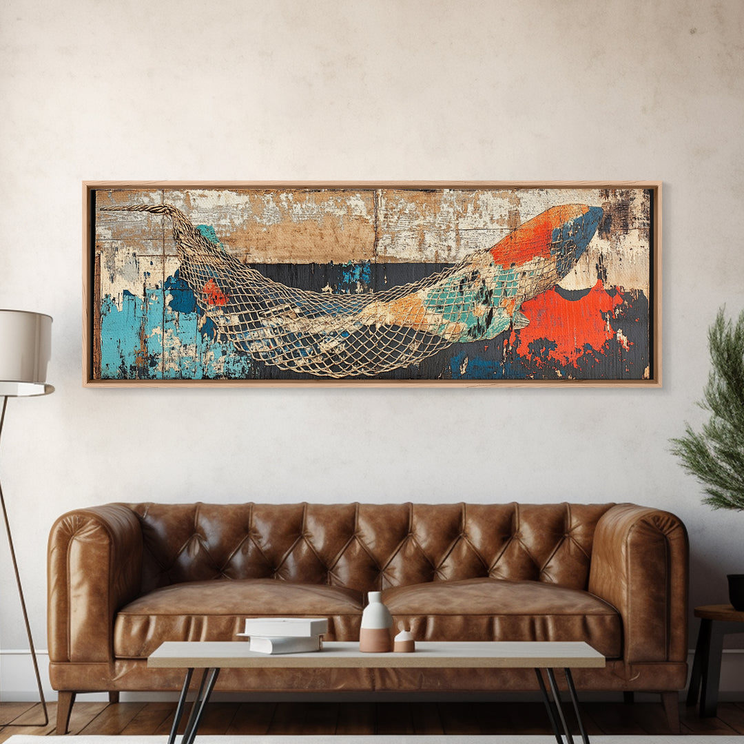 Weathered Fishing Net Wall Art, Coastal Canvas Print, Nautical Decor, Beach House Art, Rustic Seascape, Ocean Wall Decor