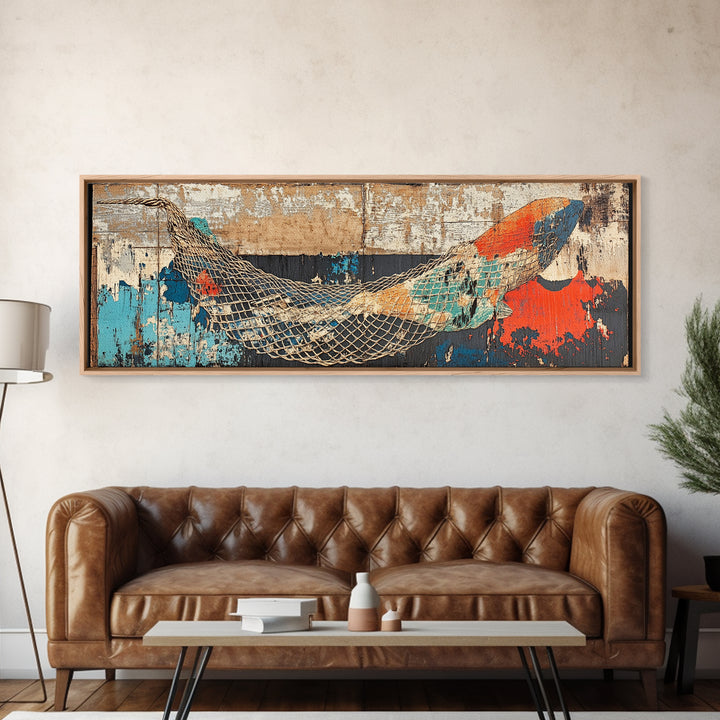 Weathered Fishing Net Wall Art, Coastal Canvas Print, Nautical Decor, Beach House Art, Rustic Seascape, Ocean Wall Decor