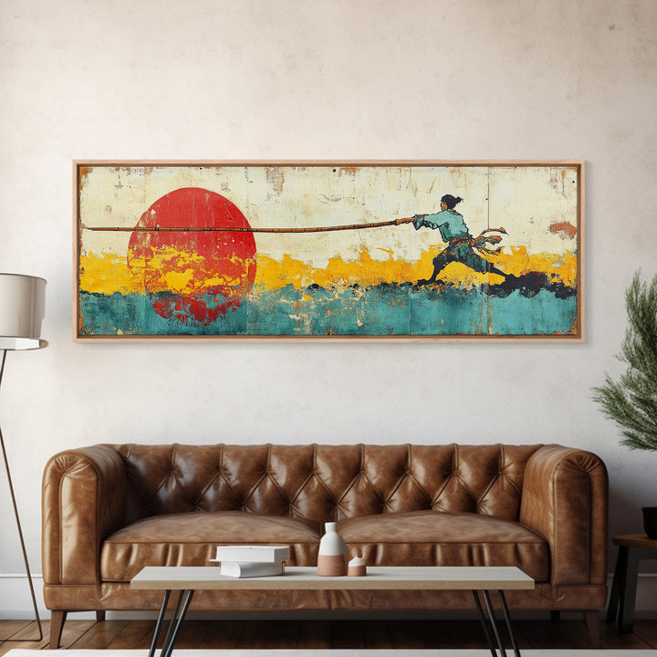 Fisherman Pulling Rope Wall Art, Red Sun Canvas Print, Coastal Landscape, Japanese Inspired Decor, Long Horizontal Art Print