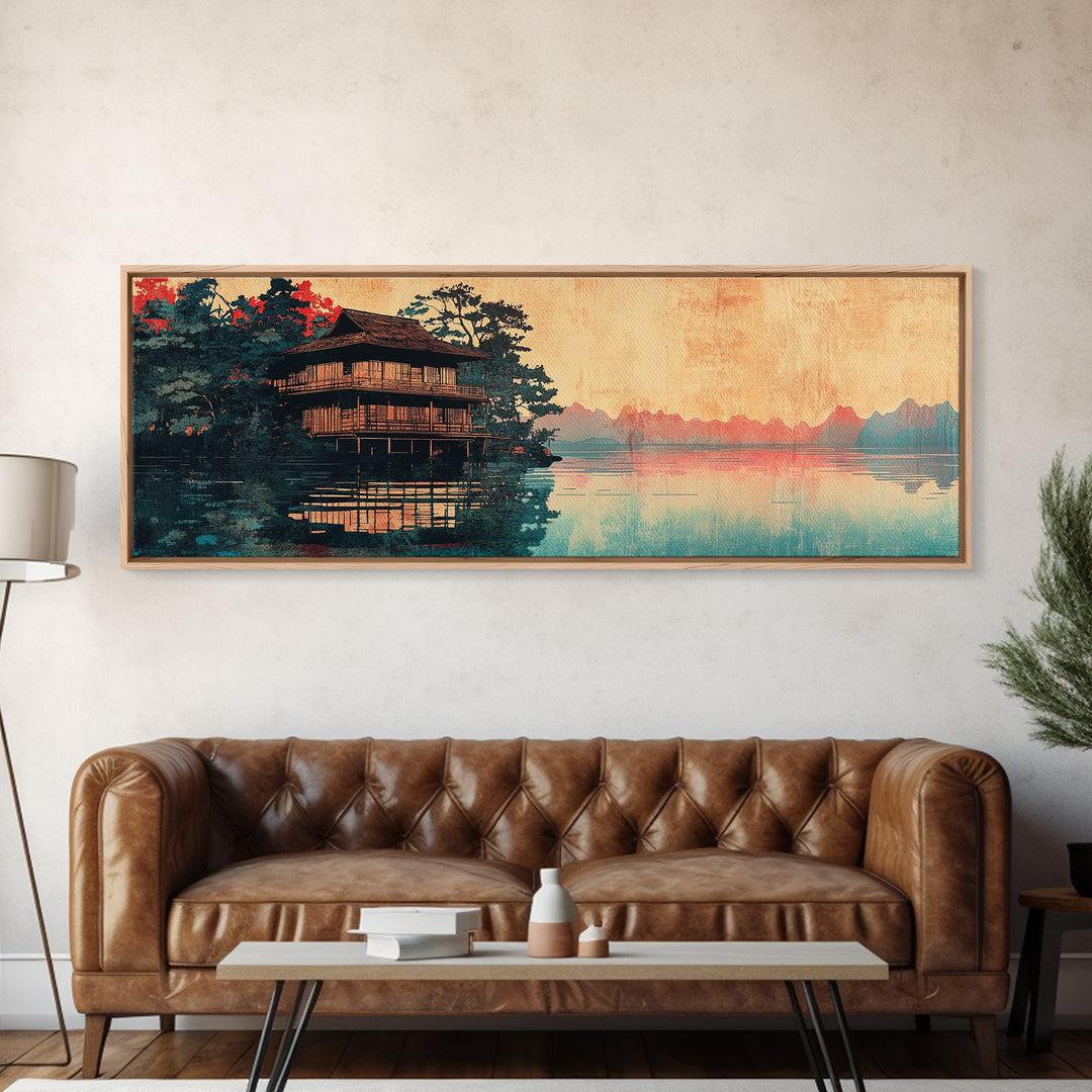 Japanese Pagoda On Misty Lake Wall Art, Panoramic Landscape Print, Asian Inspired Decor, Zen Living Room Wall Decor, Home Decor