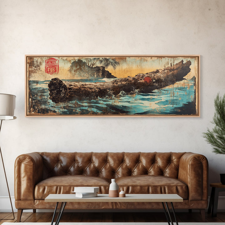 Weathered Driftwood Log On Blue Water Canvas Print, Japanese Nature Art, Rustic Coastal Decor, Zen Landscape Wall Art, Home Decor