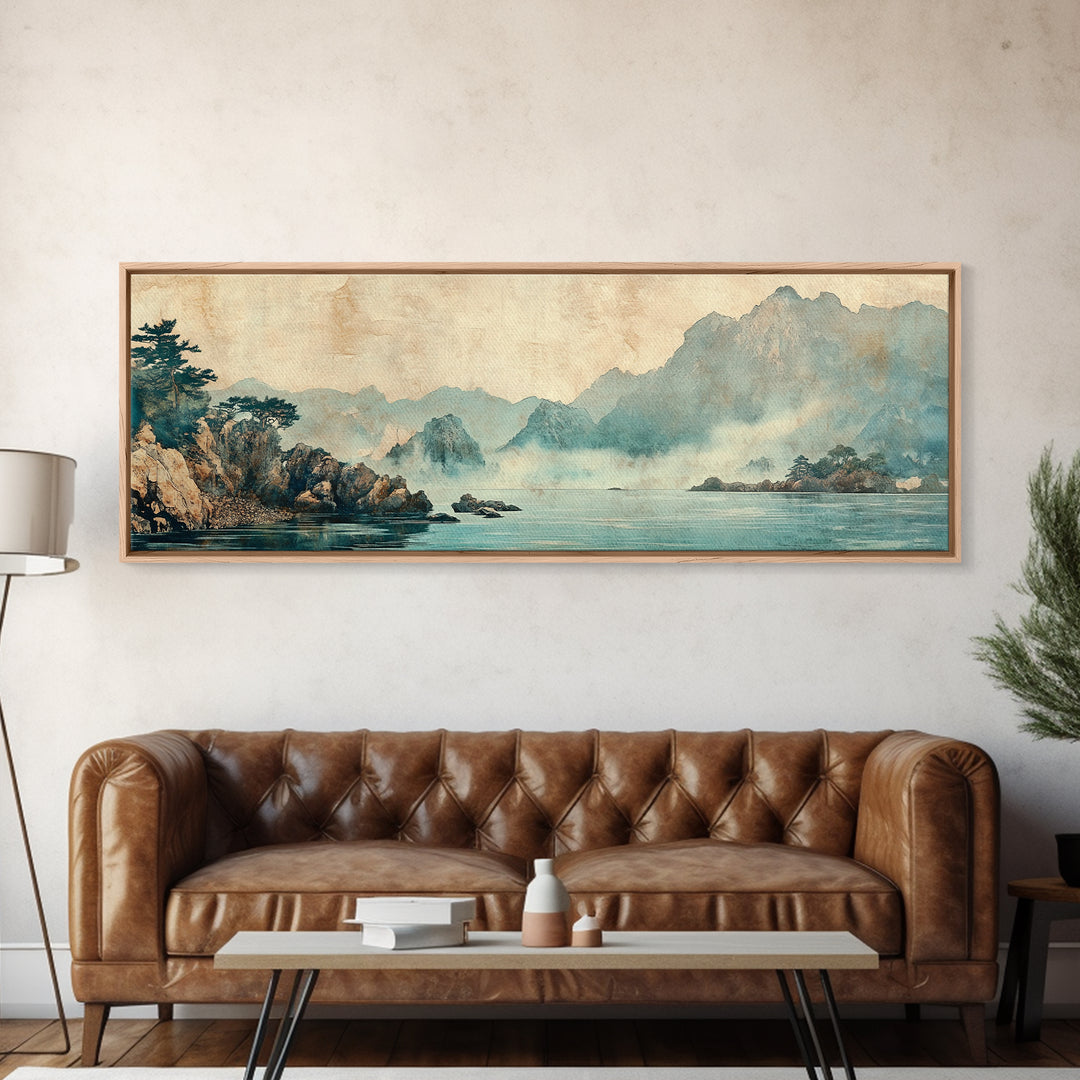 Misty Blue Mountain Lake Wall Art, Japanese Landscape Print, Zen Nature Decor, Panoramic Living Room Wall Decor, Calming Home Decor