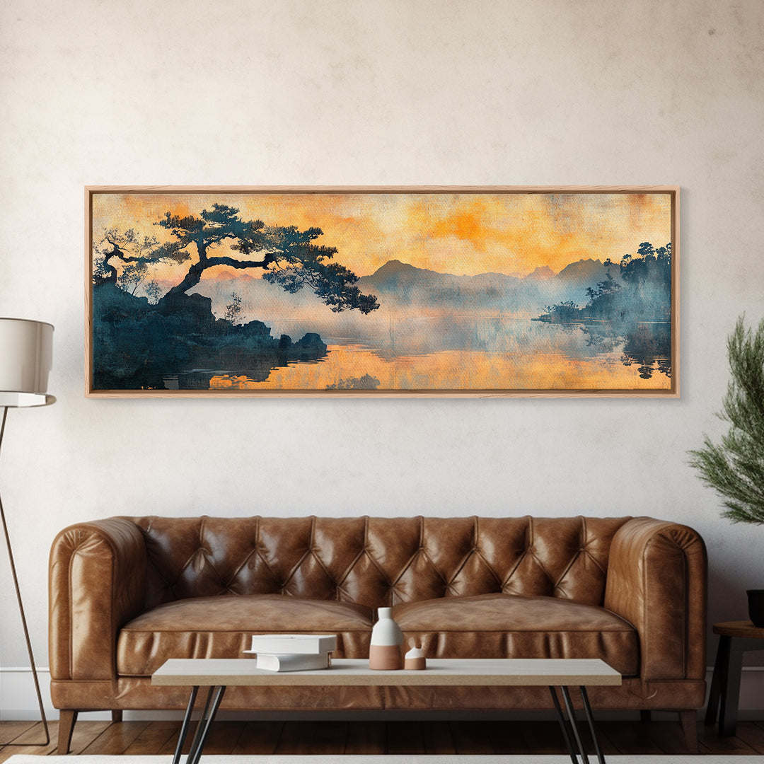 Orange Sunset Pine Lake Canvas Print, Japanese Landscape Wall Art, Moody Nature Decor, Zen Living Room Wall Decor, Warm Home Decor