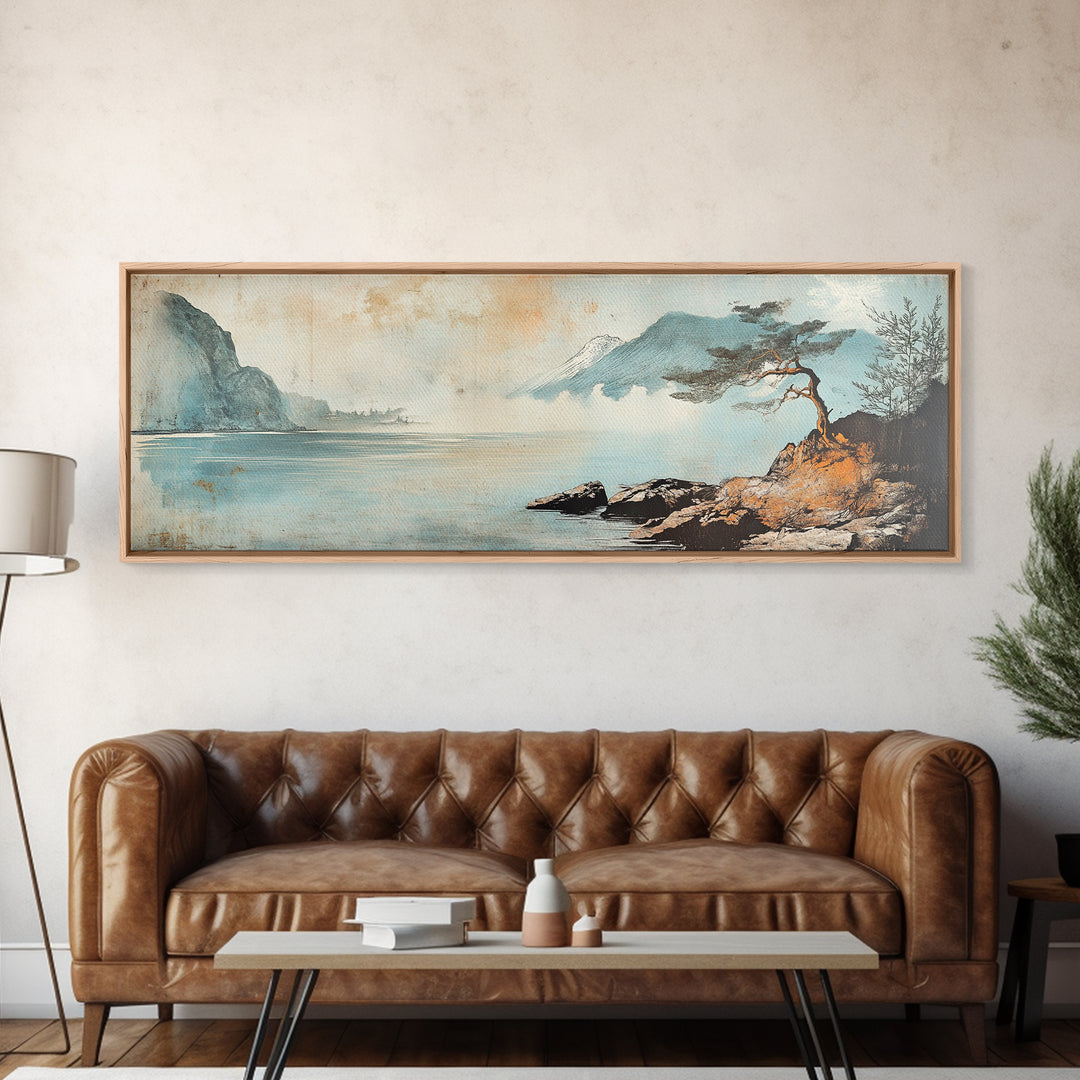 Lone Pine On Quiet Blue Shore Wall Art, Minimalist Japanese Landscape Print, Coastal Zen Decor, Calming Home Decor, Living Room Art
