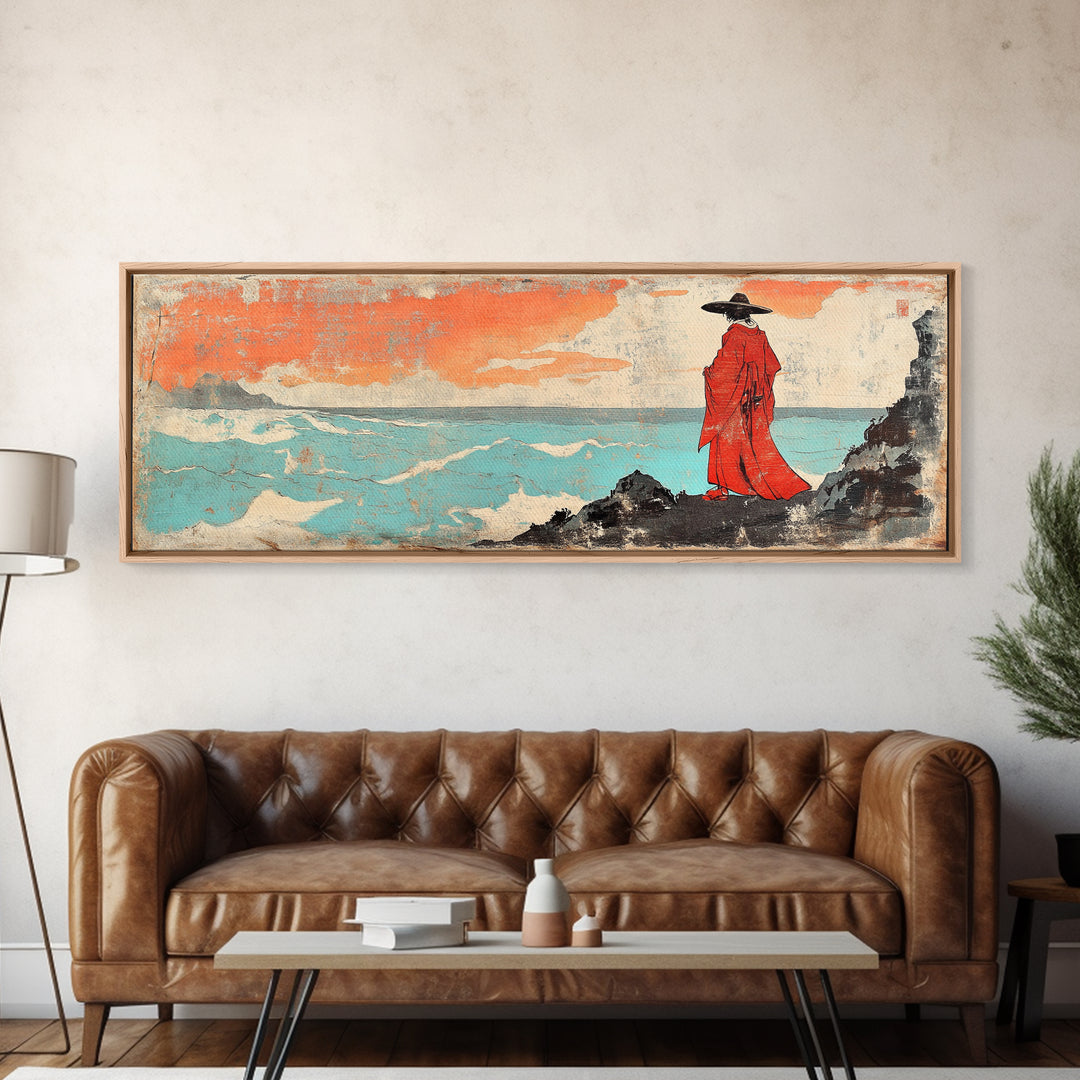 Red Robed Figure By Turquoise Sea Wall Art, Japanese Seascape Print, Coastal Asian Decor, Dramatic Wall Decor, Unique Home Decor
