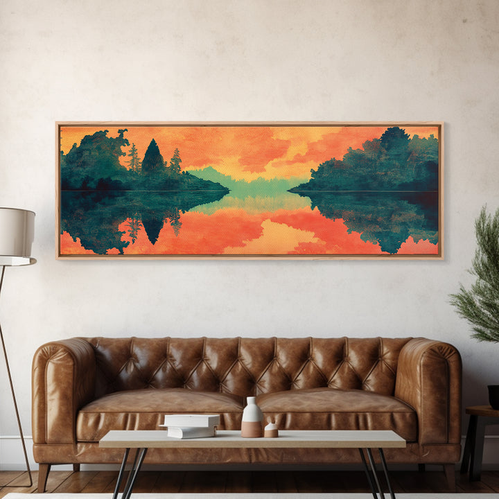 Orange Lake Reflection At Sunset Canvas Print, Forest Landscape Wall Art, Modern Nature Decor, Large Living Room Art, Home Decor