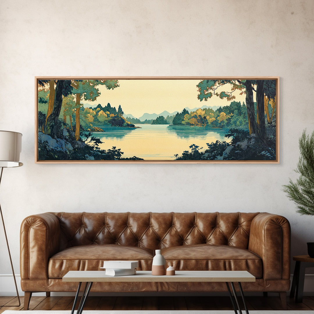 Framed Lake Through Forest Trees Wall Art, Japanese Landscape Print, Scenic Nature Decor, Blue Green Living Room Decor, Home Decor