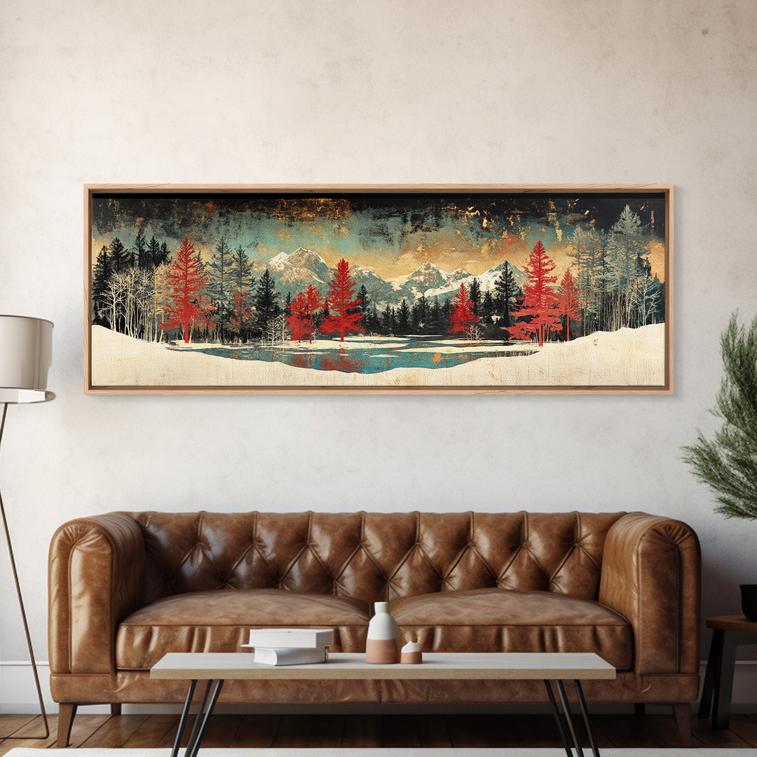 Snowy Mountain Forest With Red Pines Framed Canvas Print, Winter Landscape Wall Art, Rustic Cabin Decor For Living Room Decor