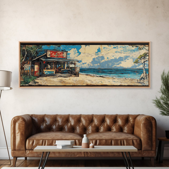 Beachfront Asian Food Shack Wall Art, Tropical Ocean Canvas Print, Coastal Kitchen Decor For Beach House Living Room Decor