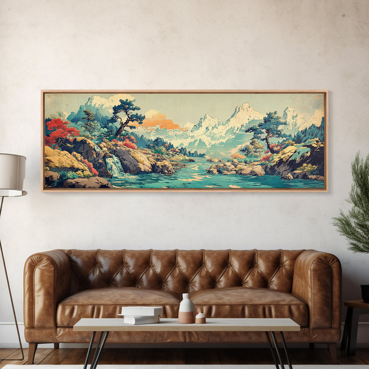 Turquoise River Waterfall And Snowy Pines Framed Canvas Print, Japanese Landscape Art, Mountain Wall Decor, Living Room Decor