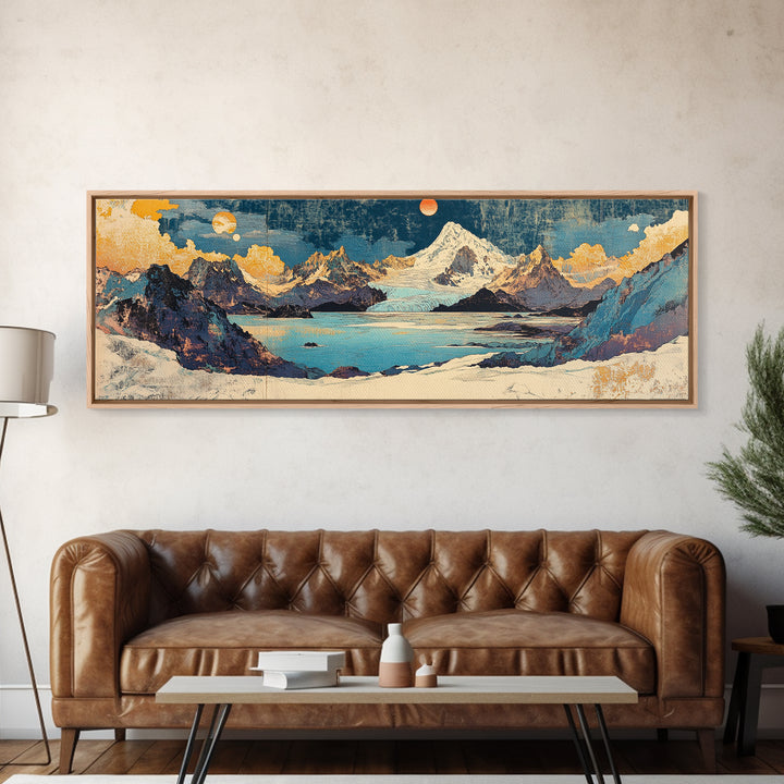 Snowy Peak And Moonlit Lake Canvas Print, Japanese Mountain Landscape, Blue Gold Wall Art, Wide Horizontal Living Room Decor