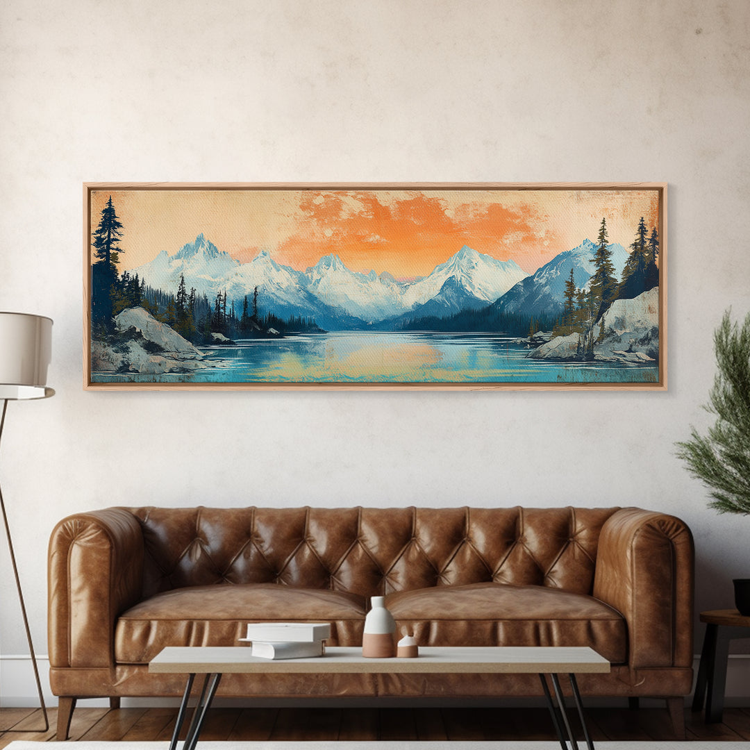 Orange Sunset Alpine Lake Wall Art, Snowy Mountain Landscape Print, Rustic Cabin Decor, Large Horizontal Canvas Home Decor