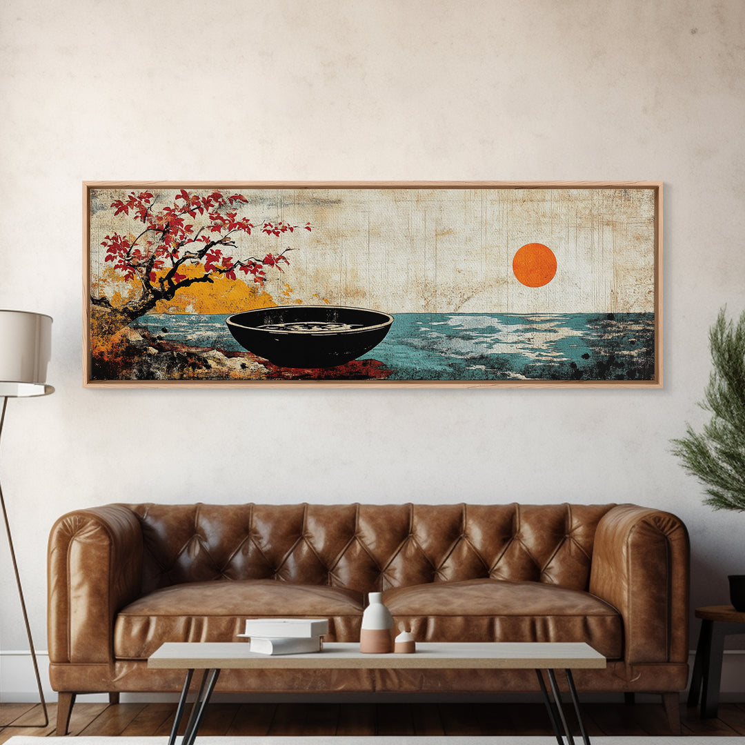 Zen Bowl By Ocean With Red Sun Framed Canvas Print, Japanese Coastal Wall Art, Cherry Blossom Decor, Meditation Room Art