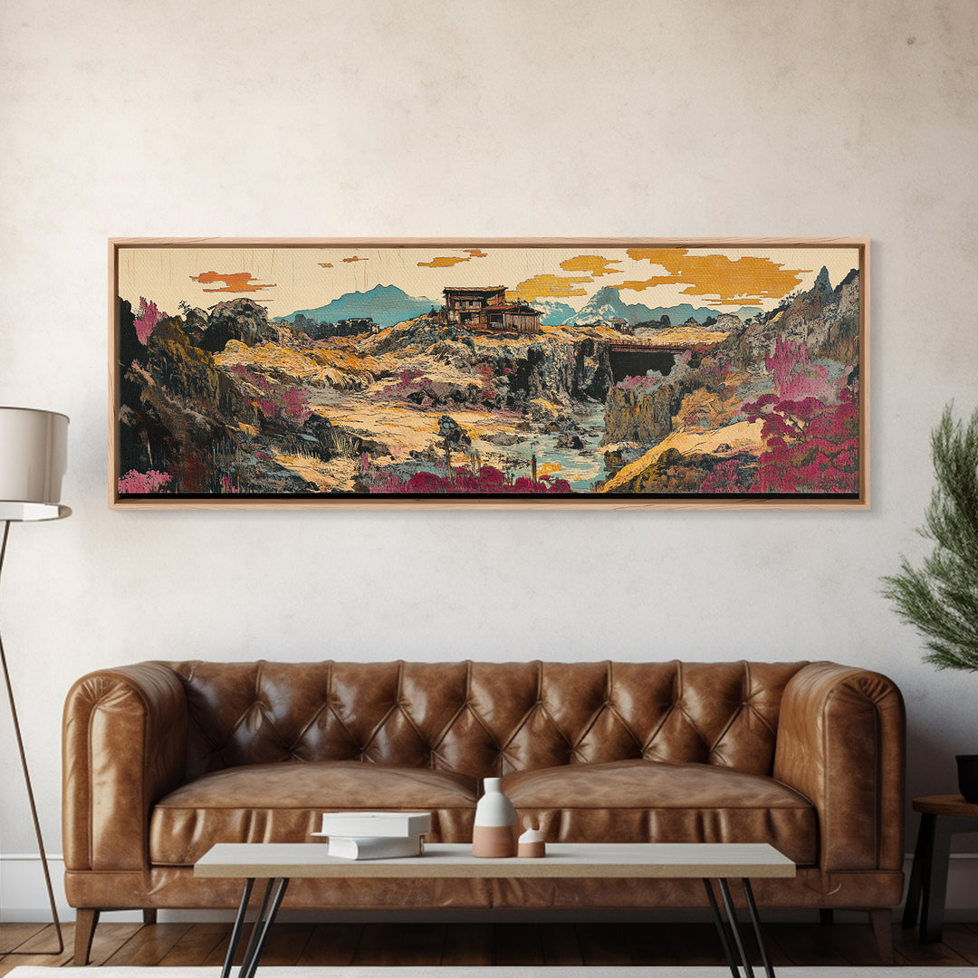 Desert Canyon Cabin And Pink Wildflowers Wall Art, Southwestern Landscape Canvas, Modern Rustic Decor, Earth Tone Home Decor