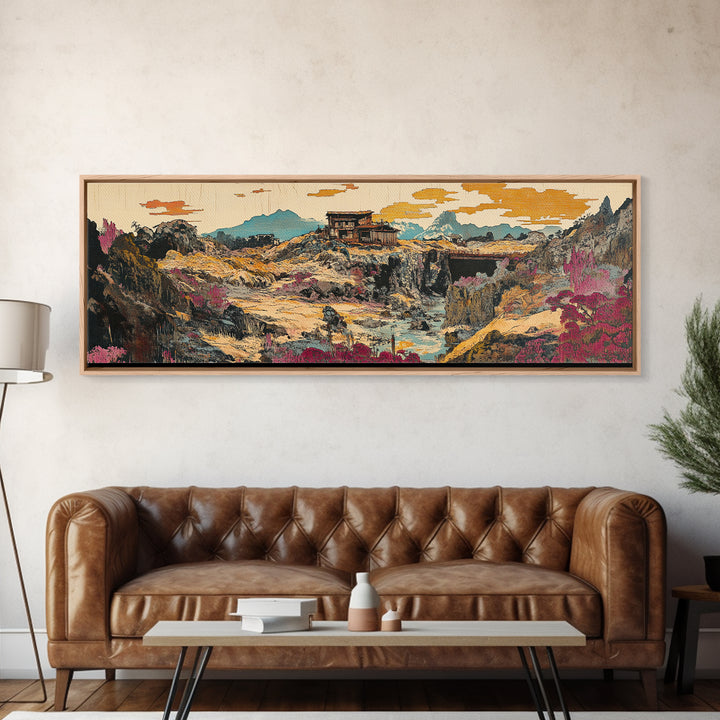 Desert Canyon Cabin And Pink Wildflowers Wall Art, Southwestern Landscape Canvas, Modern Rustic Decor, Earth Tone Home Decor