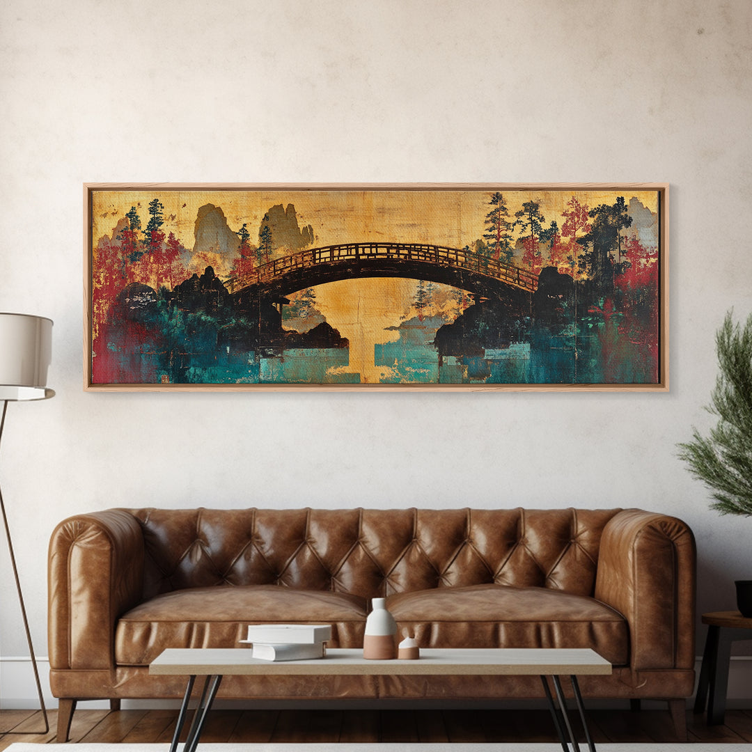 Arched Bridge Over Autumn River Canvas Print, Japanese Garden Landscape, Japandi Wall Art, Tranquil Living Room Wall Decor