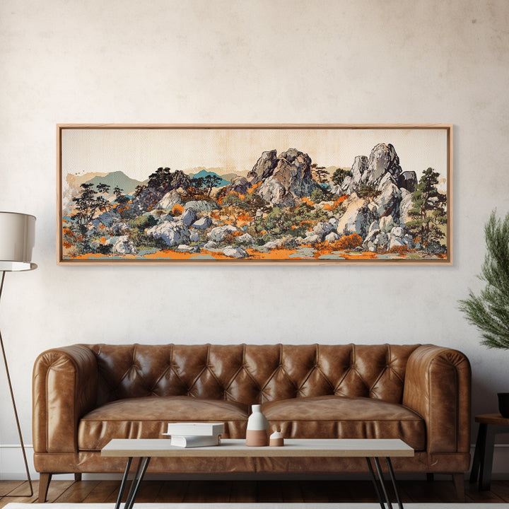 Rock Garden With Pines And Orange Moss Framed Canvas Print, Japanese Landscape Wall Art, Zen Nature Decor, Wide Wall Decor