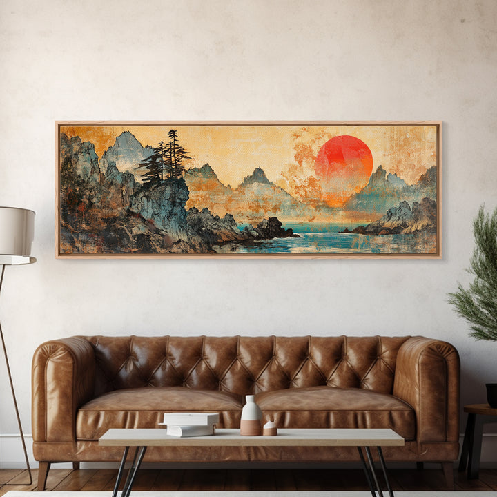 Red Sun Mountain Lake Canvas Print, Japanese Landscape Wall Art, Panoramic Coastal Decor, Large Living Room Art, Above Sofa Art