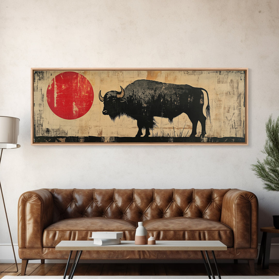 Black Bison Red Sun Framed Canvas Print, Western Wall Art, Rustic Home Decor, Large Horizontal Living Room Art, Gift For Him
