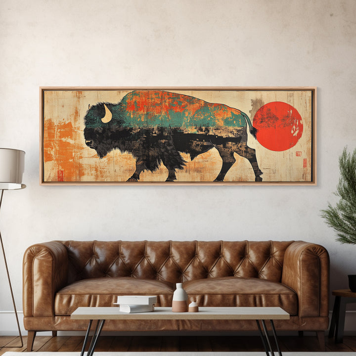Turquoise Bison Red Sun Canvas Print, Southwestern Wall Art, Western Home Decor, Rustic Statement Living Room Art, Large Wall Decor