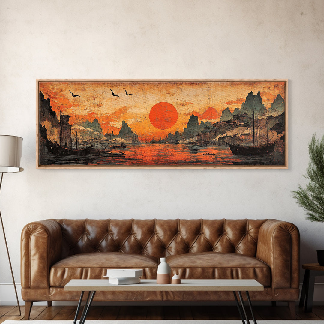 Orange Sunset Harbor Wall Art, Asian Landscape Canvas Print, Coastal Seascape Decor, Panoramic Living Room Art, Above Sofa Art