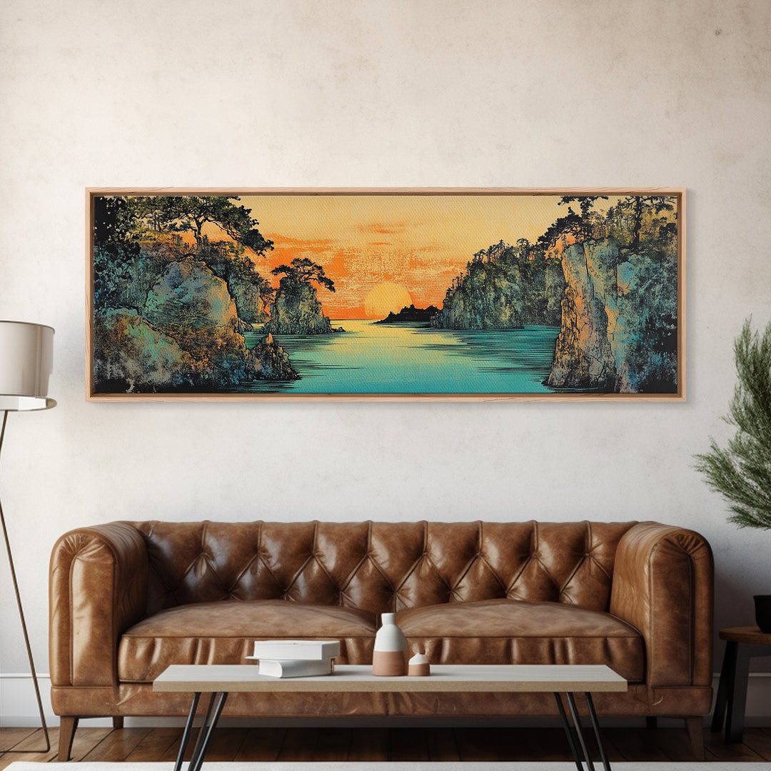 Teal River Canyon Sunset Framed Canvas Print, Coastal Landscape Wall Art, Japandi Decor, Panoramic Above Sofa Art For Living Room Decor