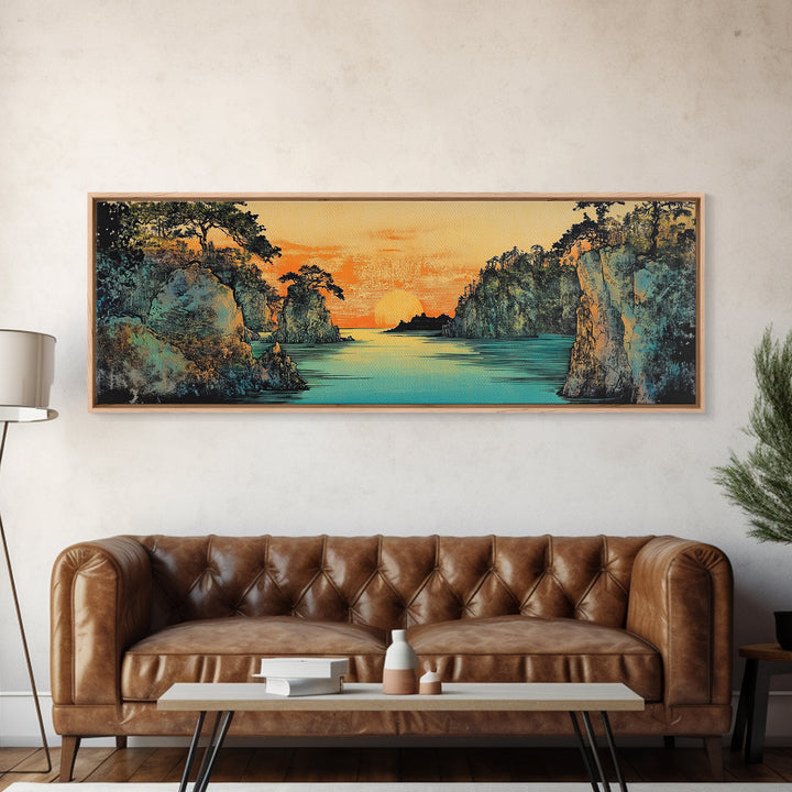 Teal River Canyon Sunset Framed Canvas Print, Coastal Landscape Wall Art, Japandi Decor, Panoramic Above Sofa Art For Living Room Decor