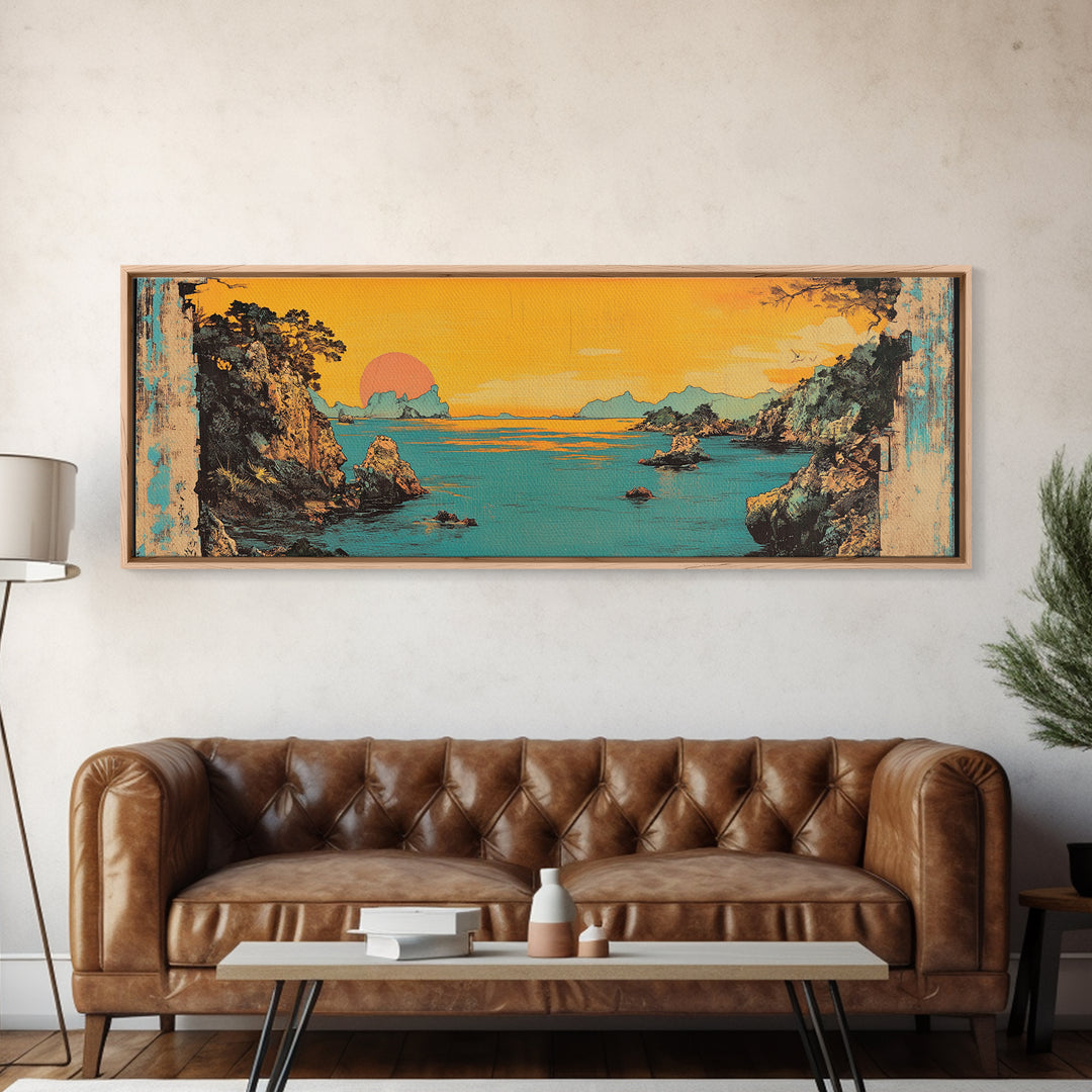 Turquoise Sea Cliff Sunset Canvas Print, Coastal Wall Art, Japanese Landscape Decor, Panoramic Beach House Wall Decor, Large Art