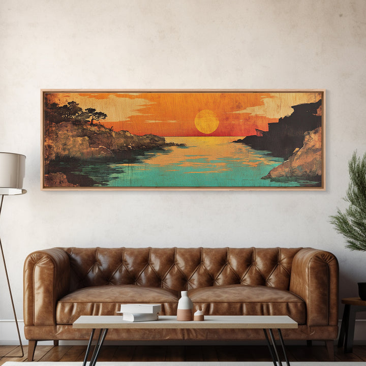 Orange Sunset River Inlet Wall Art, Japanese Coastal Canvas Print, Tranquil Landscape Decor, Above Bed Living Room Art, Large Art