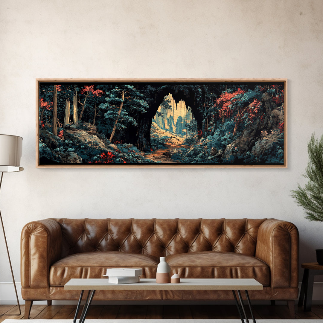 Dark Forest Cave Path Canvas Print, Moody Landscape Wall Art, Fantasy Woodland Decor, Panoramic Statement Living Room Art