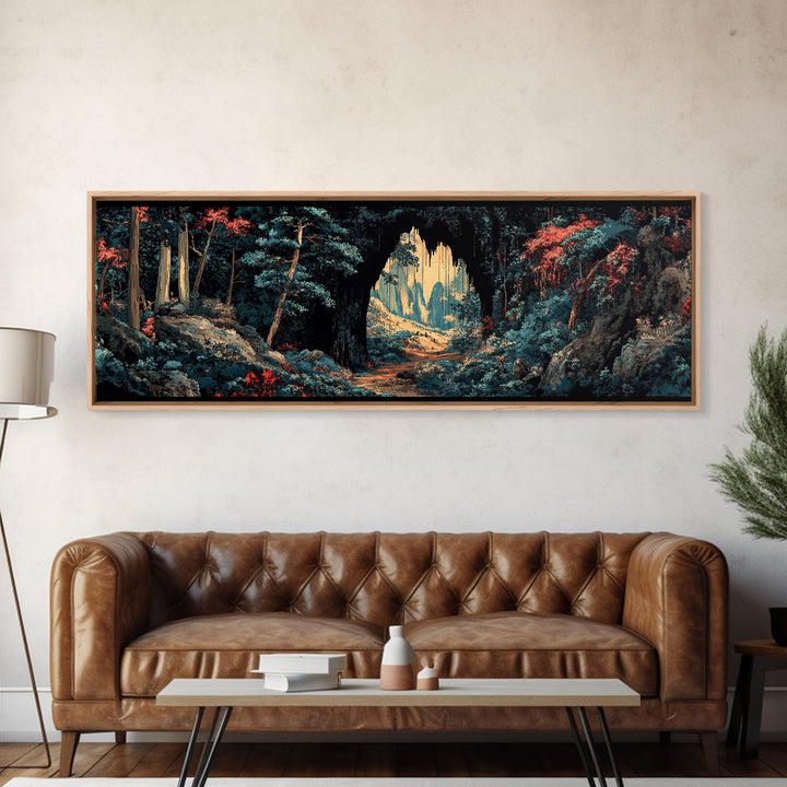 Dark Forest Cave Path Canvas Print, Moody Landscape Wall Art, Fantasy Woodland Decor, Panoramic Statement Living Room Art