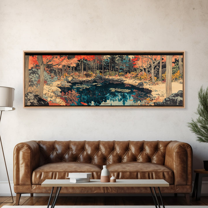 Autumn Forest Pond Reflection Wall Art, Japanese Landscape Canvas, Rustic Nature Decor, Panoramic Living Room Print For Home Decor