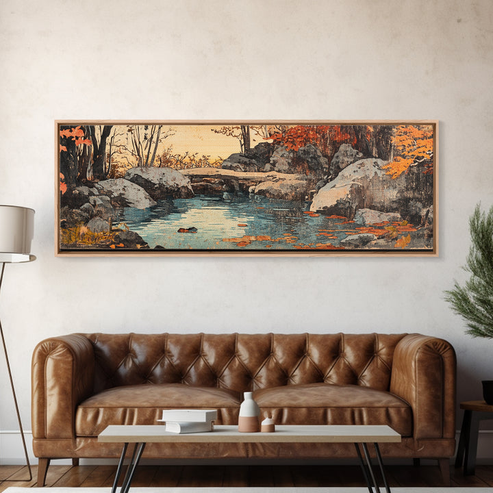 Autumn Rocky Creek Canvas Print, Japanese Landscape Painting, Rustic Nature Wall Decor, Panoramic Living Room Art, Home Decor