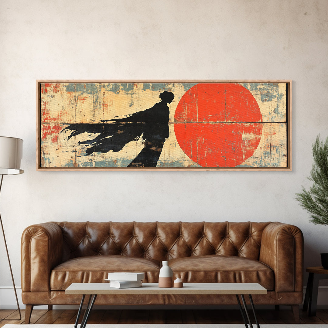 Shadow Samurai Red Sun Wall Art, Japanese Warrior Canvas, Dark Fantasy Decor, Bold Panoramic Office And Living Room Print