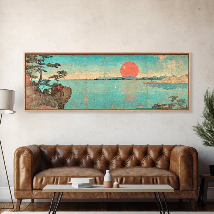 Turquoise Japanese Sea Sunset Framed Canvas Print, Coastal Landscape Wall Decor, Minimalist Panoramic Living Room Art Print